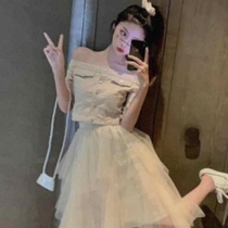 Fairy fashion mesh skirt strapless short-sleeved temperament top French suit Summer gentle wind two-piece set