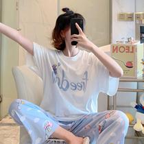 Japanese cartoon pure cotton pajamas woman summer thin short sleeve trousers in 2023 new cute home suit