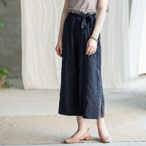 (Meiliuchen) Original cotton linen wide leg pants women loose Capri pants straight pants casual pants