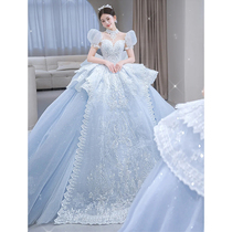 Blue main wedding dress 2022 new bride small French style fugitive princess high-quality texture luxury trailing winter