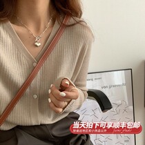 Mustard homemade apricot knitted cardigan womens 2021 spring and Autumn new inner tie base shirt v-neck sweater jacket