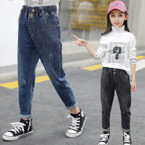 Girls  jeans spring and autumn 2021 new western style Korean childrens medium and large loose harem pants tide casual tide