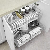 304 kitchen cabinet pull basket stainless steel double buffer drawer type kitchen cabinet rice flavor rack dishes bowl basket