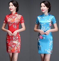 2019 Spring Summer New improved cheongsam skirt short dress satin print daily banquet womens performance clothes