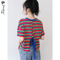 2022 Summer Dress New Rainbow Striped T-shirt Woman Short Sleeve Han Edition Loose students back careful machine half sleeve blouse