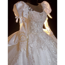 Long sleeves Extravagant Staple Wedding Dress 2021 New Bridal Satin Heavy Work Senior Sensation Tug Tail Pregnant Woman Palace Wind Winter