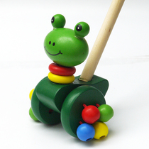 Wooden Cartoon Animal Small Frog Pushback Baby Children Single Pole Schoolwalk Trolley Baby Tug Toy 1 Week