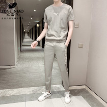 Rich bird summer new short-sleeved T-shirt sports and leisure suit mens high-end ice silk Korean ins tide two-piece suit