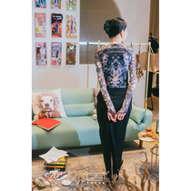 Coated Moon Movement Functional Wind Spine Pattern Mesh Yarn Elastic Undershirt Sleeve Finger Art Long Sleeve Small Neckline T-shirt Summer