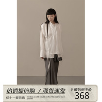 VAPOURBLUE new Chinese style lace-up satin shirt womens autumn fake two-piece design niche loose white top