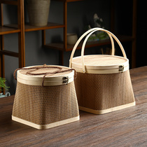 Pure handmade bamboo weaving basket moon cake basket upper circle lower lower rice dumpling basket fruit basket New Years goods tea bamboo gift box