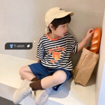 Shrimp paste hemp childrens clothing boys striped T-shirt baby new summer childrens short-sleeved cotton loose top tide