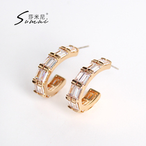 sumni shimini 18K bag gold 925 silver artificial zircon slasher temperament sparkling mature C-shaped ear stud woman