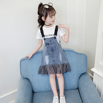 Girls  strap skirt suit summer 2021 new Western style fashionable middle and large childrens girl denim dress tide