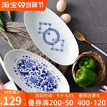 Japan imported fish plate ceramic underglaze color home creative Japanese tableware elliptical disc 10 inch large steamed fish plate