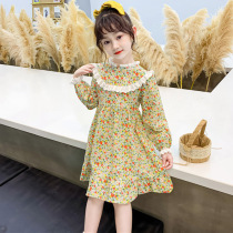 Korean girls' children's clothing Spring and Autumn Broken Garden Wind dress Pure Cotton A-length Leaf-side Led Princess skirt