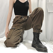 European station heavy industry Brown belted tactical overalls Womens Big pockets loose feet straight tube trousers cool tide