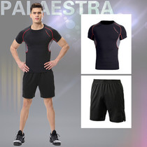 Mens gym tights sports training marathon morning run step fast clothes short sleeve two sets clearance discount