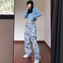 Ins trendy star Dailu full printed rabbit wide-leg jeans womens straight loose high waist slimming daddy trousers