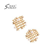 sumni Samini 18K gold 925 silver fashion grid stud earrings women asymmetrical earrings personality temperament earrings