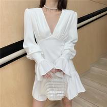 Small sub-style Balloon Flower long sleeve one-piece dress 2022 new wise smoked skirt style high waist a waistcoat Fairy Temperament
