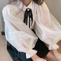 Bora bora Korean childrens clothing Girls shirt 2021 spring childrens bubble sleeve lace top Medium and large childrens long sleeves