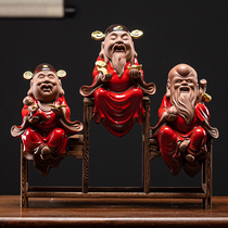 Fu Lu Shou Samsung creative fortune purple sand God of wealth Zen ceramic Buddha statue Chinese porch decoration home furnishings