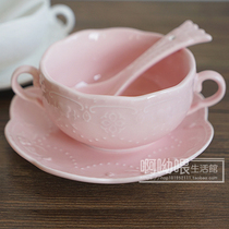 High-quality Japanese-style carved pure white ceramic double-ear bowl birds nest afternoon tea soup cup bowl spoon tray set 3-piece set
