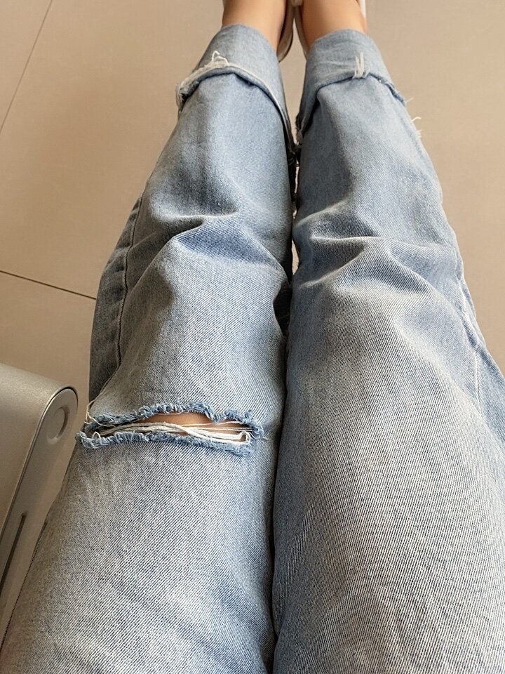 冰氧吧破洞错扣卷边牛仔裤～凉爽 - 买家秀图片