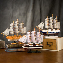 Wooden boat Mediterranean small sailing boat model smooth sailing decoration study living room TV wall decoration birthday gift