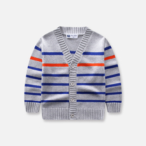  Boys  knitwear new childrens pure cotton V-neck cardigan jacket spring and autumn childrens baby striped bottoming top