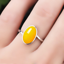 S925 pure silver ring hollow to plated white gold ring with inlaid honey wax amber woman with living mouth silver accessories to quit 10 * 13