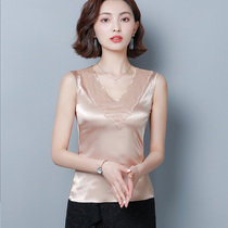 Satin lace V-neck camisole womens spring and summer sleeveless T-shirt base shirt temperament top wear short section outside