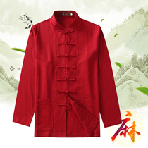 Middle-aged and elderly autumn long-sleeved flax Tang mantle Chinese style loose and fattened cotton and linen father shirt men