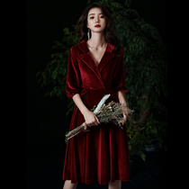 Velvet toast wine red long-sleeved summer 2021 new elegant bride back door casual wedding evening dress female