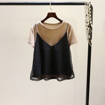 Hong Kong Tide 2021 net red coat round neck short sleeve ice silk T-shirt sling lace two piece doll shirt female