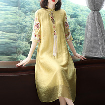 Chinese style Tang dress Zen dress womens 2021 summer new embroidery loose long retro modified Cheongsam dress