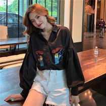 2021 Spring New Vintage Hong Kong Flavor Long Sleeve Embroidered Top Female Korean Loose Joker Sleeve Shirt Autumn and Winter