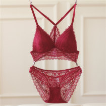 European and American bra lace no steel ring embroidery beautiful back cotton triangle cup solid color Y shoulder strap underwear set spring and summer New