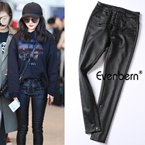 Autumn and winter star Mini Yang with strappy leather pants plus velvet padded nine-point leggings slim leggings children tide