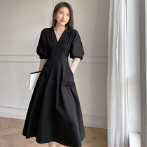 Method Vintage Black Bubble Sleeves Dress 2022 Summer New V Collar Temperament Long Collection Waist A Word Tea Hysteria