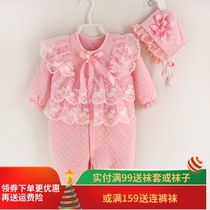 Spring and Autumn Womens Baby Clothes Princess Lace Full Moon Hundred Days Dress Thickened Cotton Newborn Baby Ha Clothes