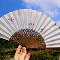 Export Japan Japanese style and wind cotton linen folding fan Cute cartoon panda white small fan summer portable