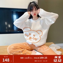 Shy bear soft cotton long sleeve round neck cute cartoon pajamas female autumn winter thick set coral fleece home clothes