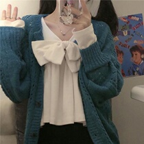 Two-piece suit Chic soft glutinous loose blue fluffy lazy hollowed-out knitted cardiovert jacket butterfly knot doll-shirt
