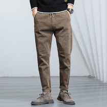 Autumn Winter New Kharen Pants Men Loose small foot tightness waist tying rope pants Han version Tide Man Style Youth Casual Pants