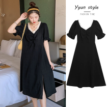 Pregnant Woman Summer Clothing Dress With Spicy Mother Tide Qi Qi opening fork Little black dress Hebbon Wind name Yuv collar design Pregnancy Woman Dress