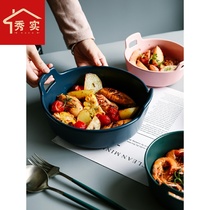 Nordic Net red soup bowl household single tableware ceramic creative double ear noodle bowl large breakfast bowl porridge bowl