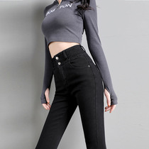 High waist jeans Womens spring autumn 2021 new small feet long pants big code Fat MM tight fit slim black pants 90%