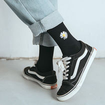 New small Daisy socks with chrysanthemum black mens sports socks cute embroidered small flower womens midline socks